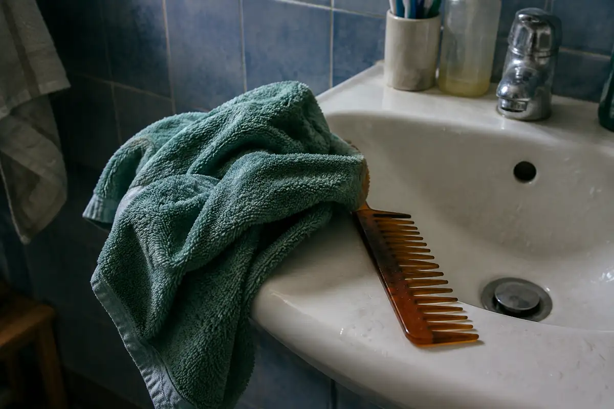 Serviette en microfibre et peigne à dents larges posés sur le rebord d'un lavabo